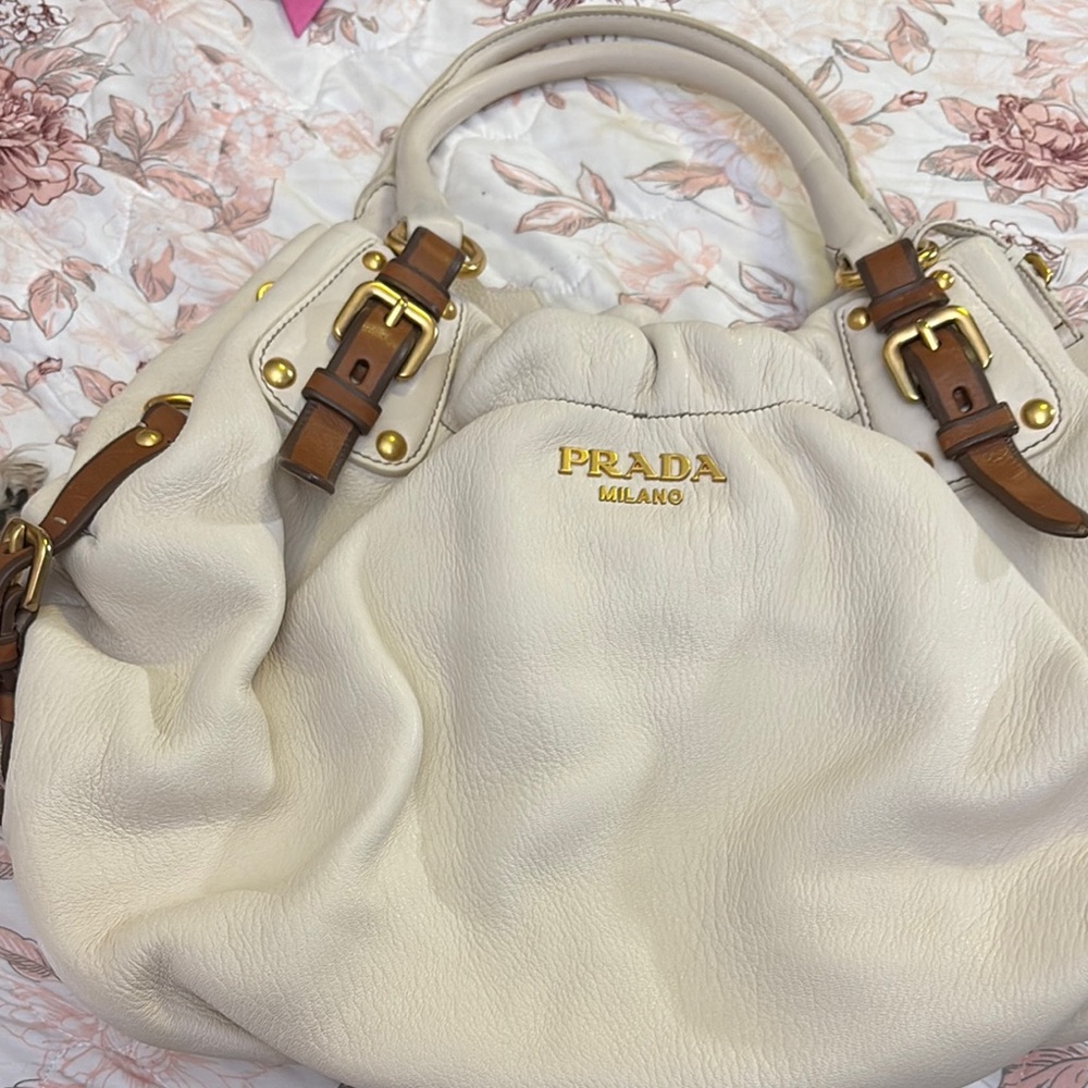 Prada Cream and Gold Shoulder Bag in goat skin soft leather